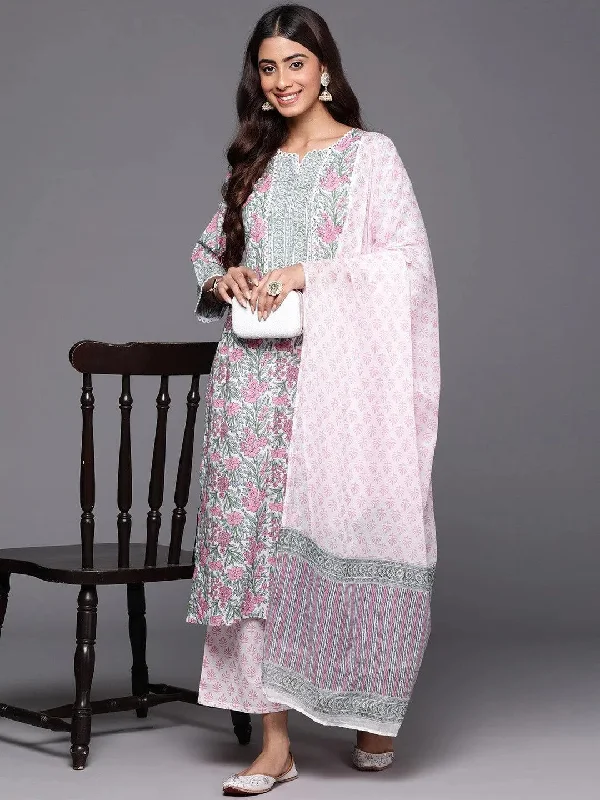 Pink Printed Cotton Straight Suit With Dupatta
