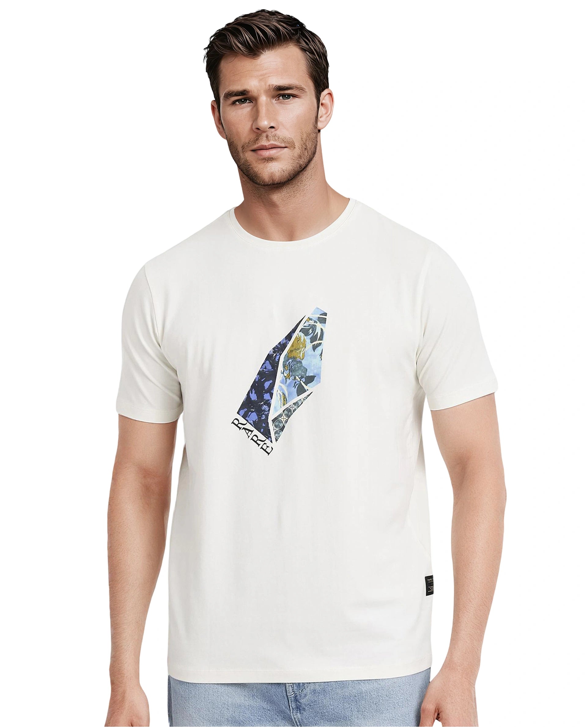 Men's Shirts for Outdoor ActivitiesRare Rabbit Men Lason Off White Cotton Lycra Fabric Short Sleeve Crew Neck Regular Fit Graphic Print T-Shirt Men's Shirts for Outdoor ActivitiesRare Rabbit Men Lason Off White Cotton Lycra Fabric Short Sleeve Crew Neck Regular Fit Graphic Print T-Shirt