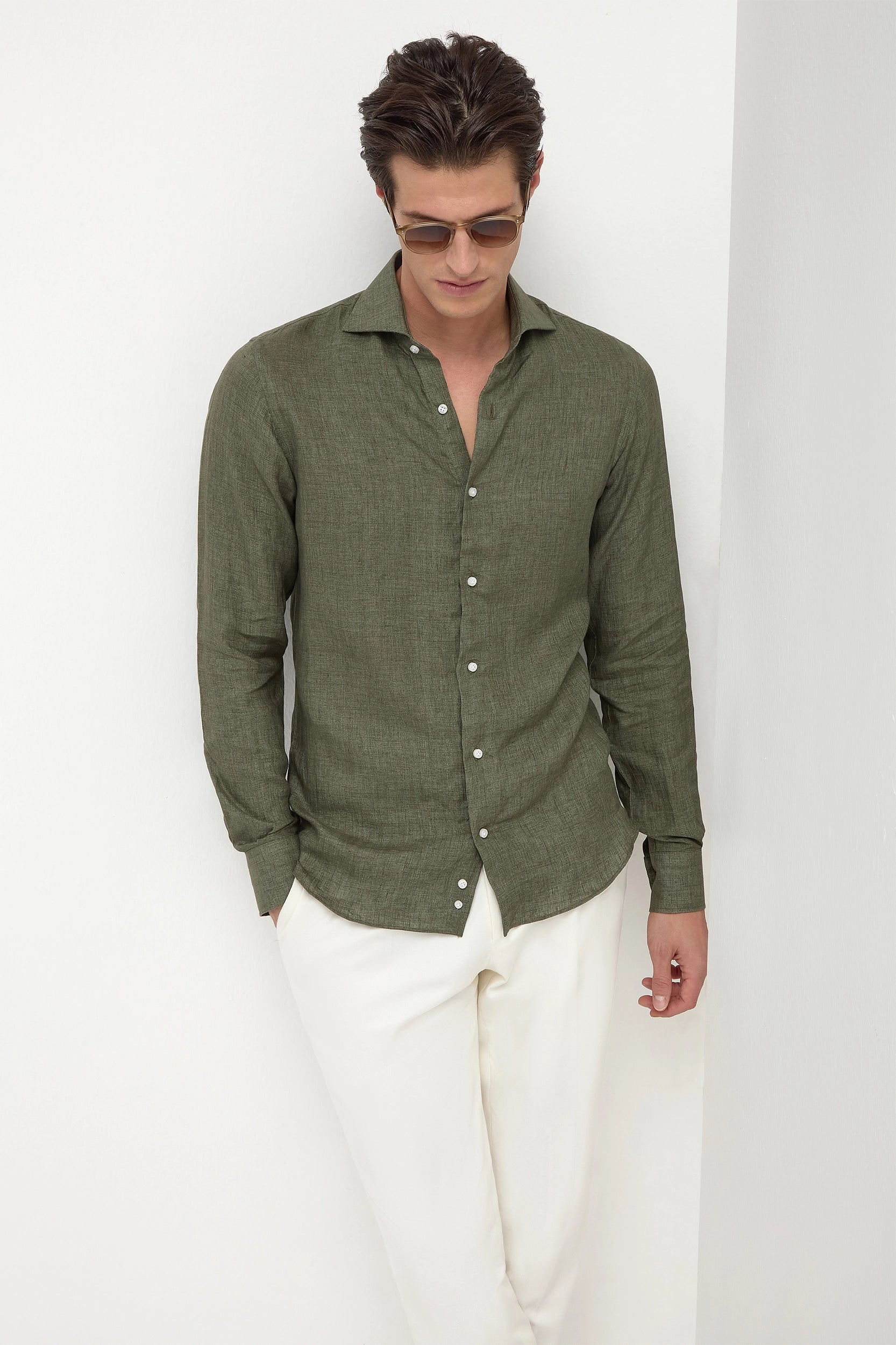 Men's Neutral-Tone Shirts for Versatile StylingGreen linen shirt - Made in Italy