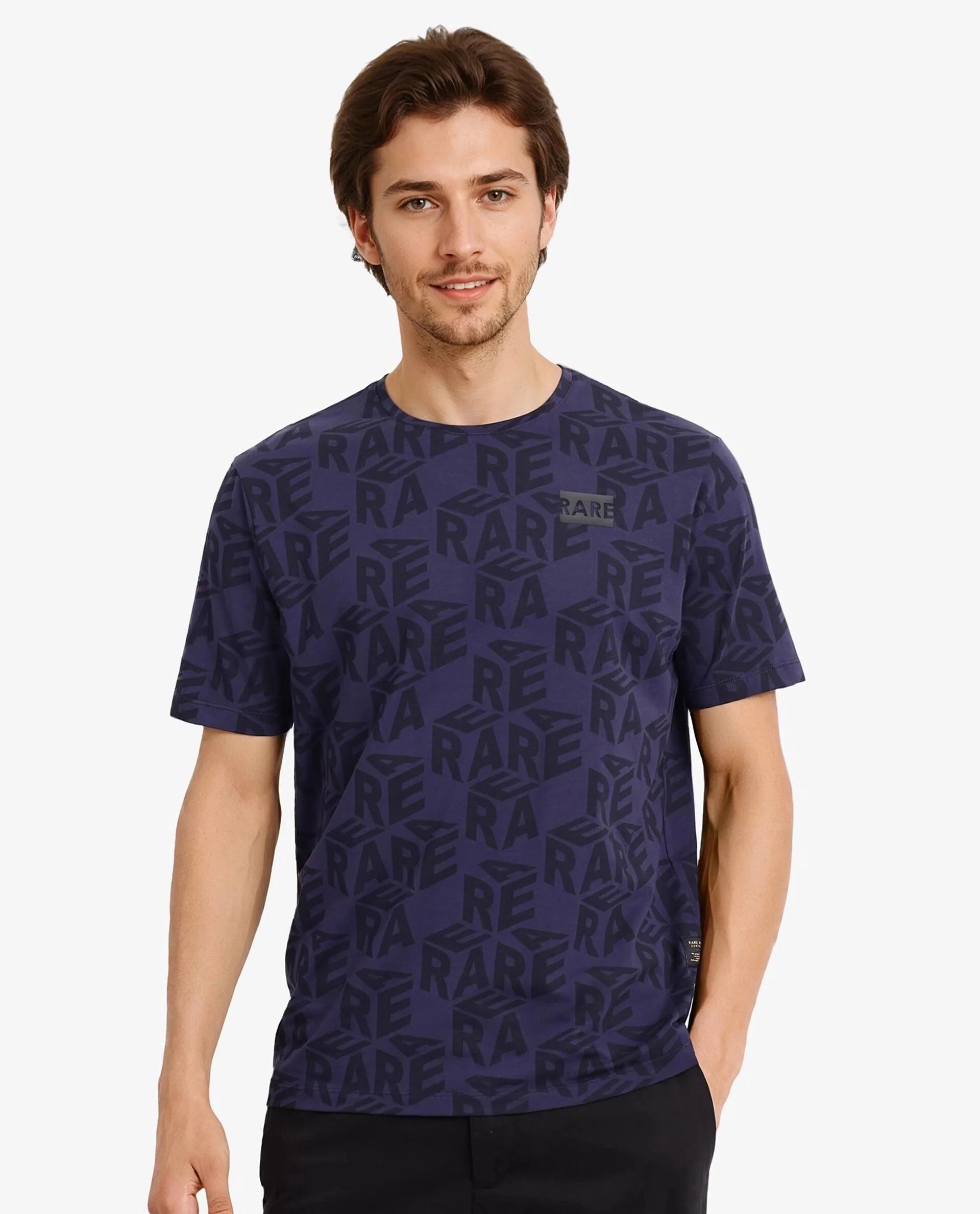 Men's Shirts with Moisture-Wicking FabricRare Rabbit Men Azo Dusky Blue Short Sleeve Crew Neck Branded Graphic Print T-Shirt Men's Shirts with Moisture-Wicking FabricRare Rabbit Men Azo Dusky Blue Short Sleeve Crew Neck Branded Graphic Print T-Shirt