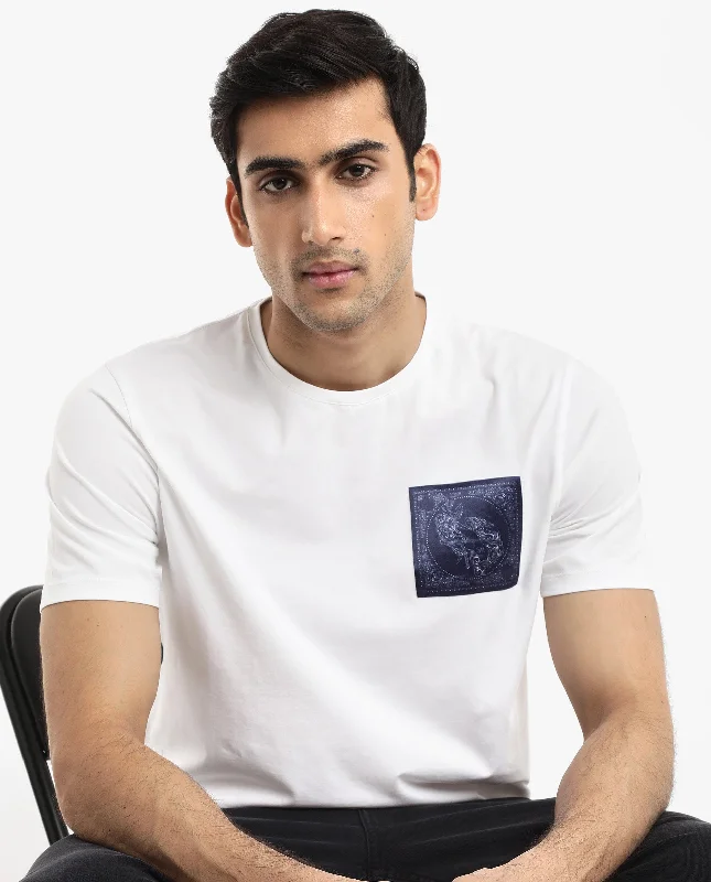 Men's Shirts with Patchwork PatternsRare Rabbit Men Gino White Cotton Lycra Fabric Short Sleeve Crew Neck Graphic Print T-Shirt