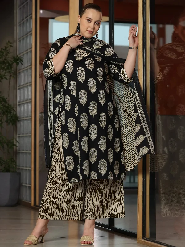 Plus Size Black Printed Cotton Straight Suit With Dupatta