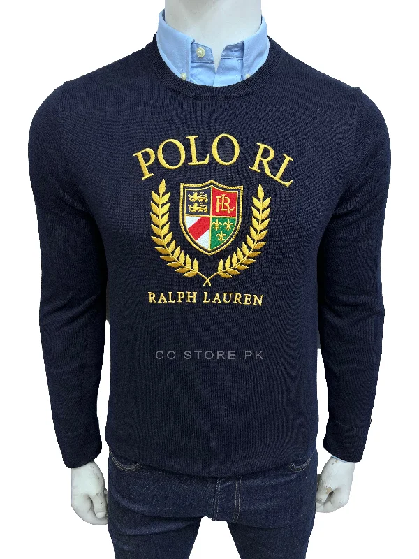 Men's Sweaters for WinterRL Embroidered Crest Logo Crew Neck Navy Blue Cotton Sweater Men's Sweaters for WinterRL Embroidered Crest Logo Crew Neck Navy Blue Cotton Sweater