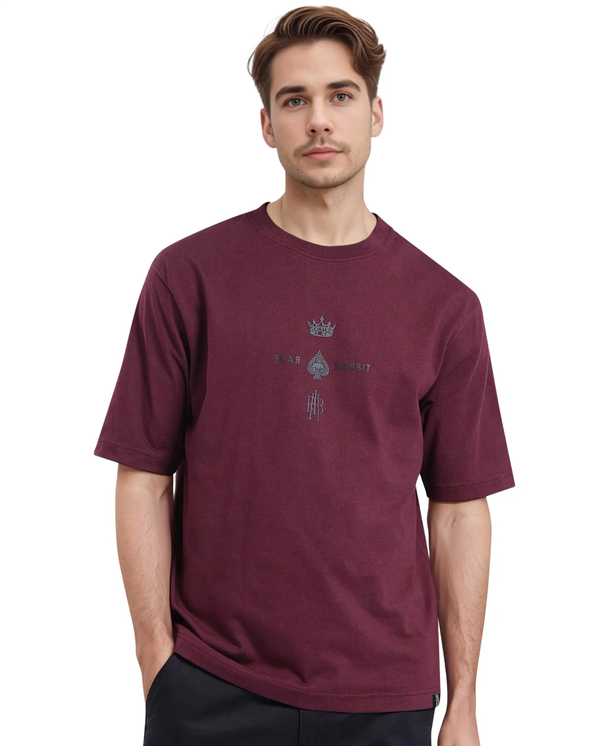 Men's Shirts with Pleated HemlinesRare Rabbit Men Ello Dark Maroon Short Sleeve Crew Neck Boxy Fit HD Print T-Shirt Men's Shirts with Pleated HemlinesRare Rabbit Men Ello Dark Maroon Short Sleeve Crew Neck Boxy Fit HD Print T-Shirt