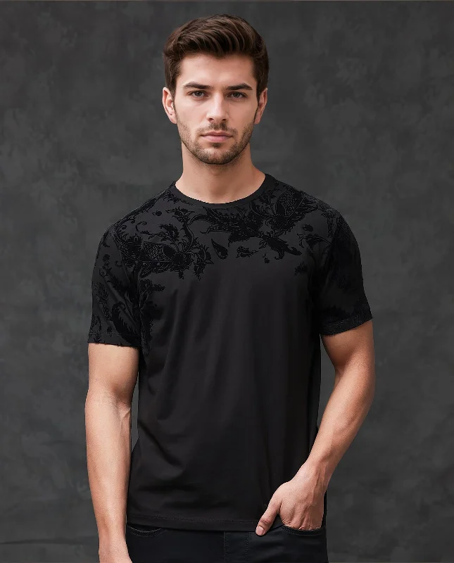 Men's Shirts with Abstract DesignsRare Rabbit Men's Ferris Black Cotton Lycra Half Sleeves Flock Paisley Print T-Shirt Men's Shirts with Abstract DesignsRare Rabbit Men's Ferris Black Cotton Lycra Half Sleeves Flock Paisley Print T-Shirt