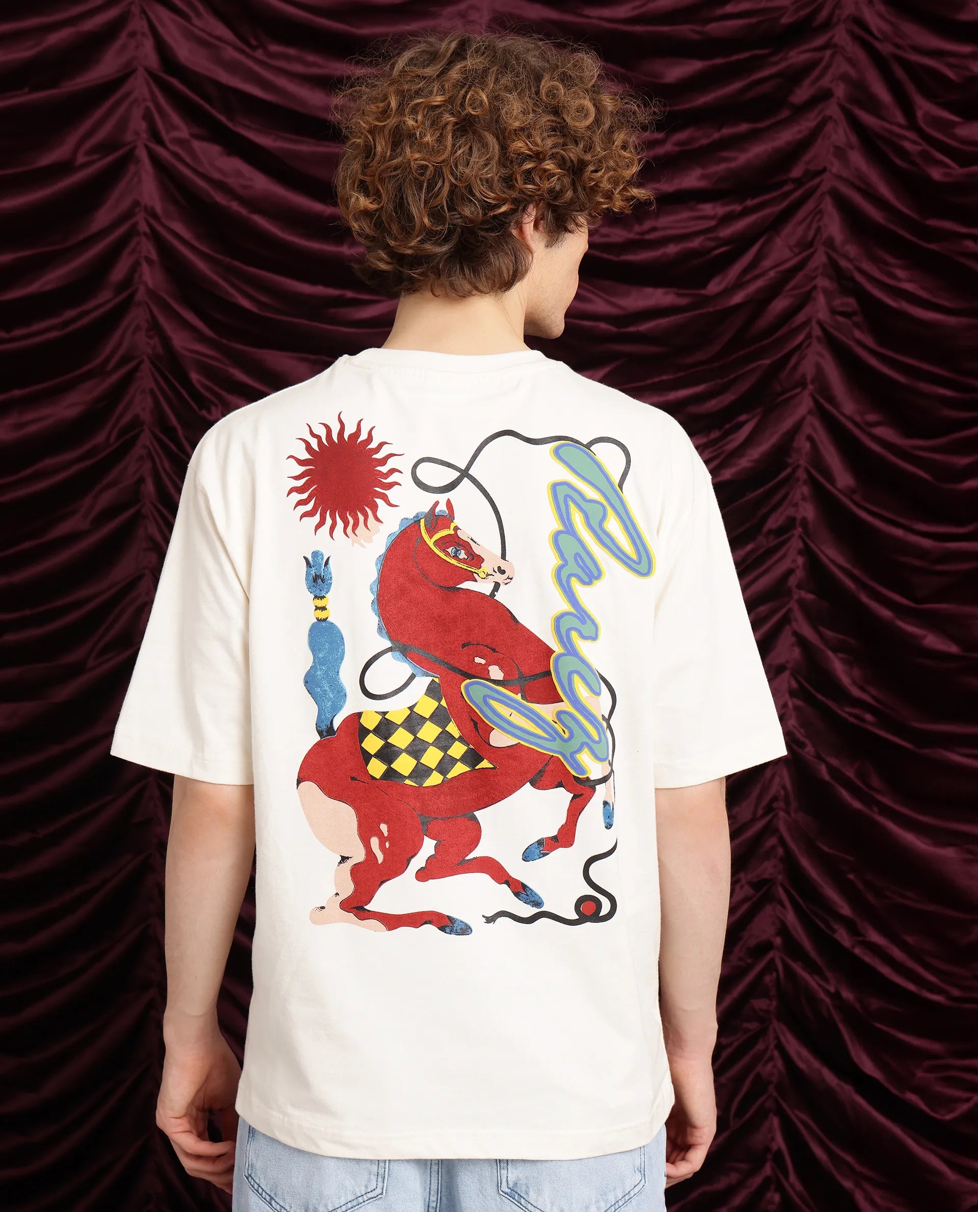 Men's Shirts with Adjustable HemlinesRare Rabbit Men Hord Off White Cotton Fabric Short Sleeve Crew Neck Oversized Fit Graphic Back Print T-Shirt Men's Shirts with Adjustable HemlinesRare Rabbit Men Hord Off White Cotton Fabric Short Sleeve Crew Neck Oversized Fit Graphic Back Print T-Shirt
