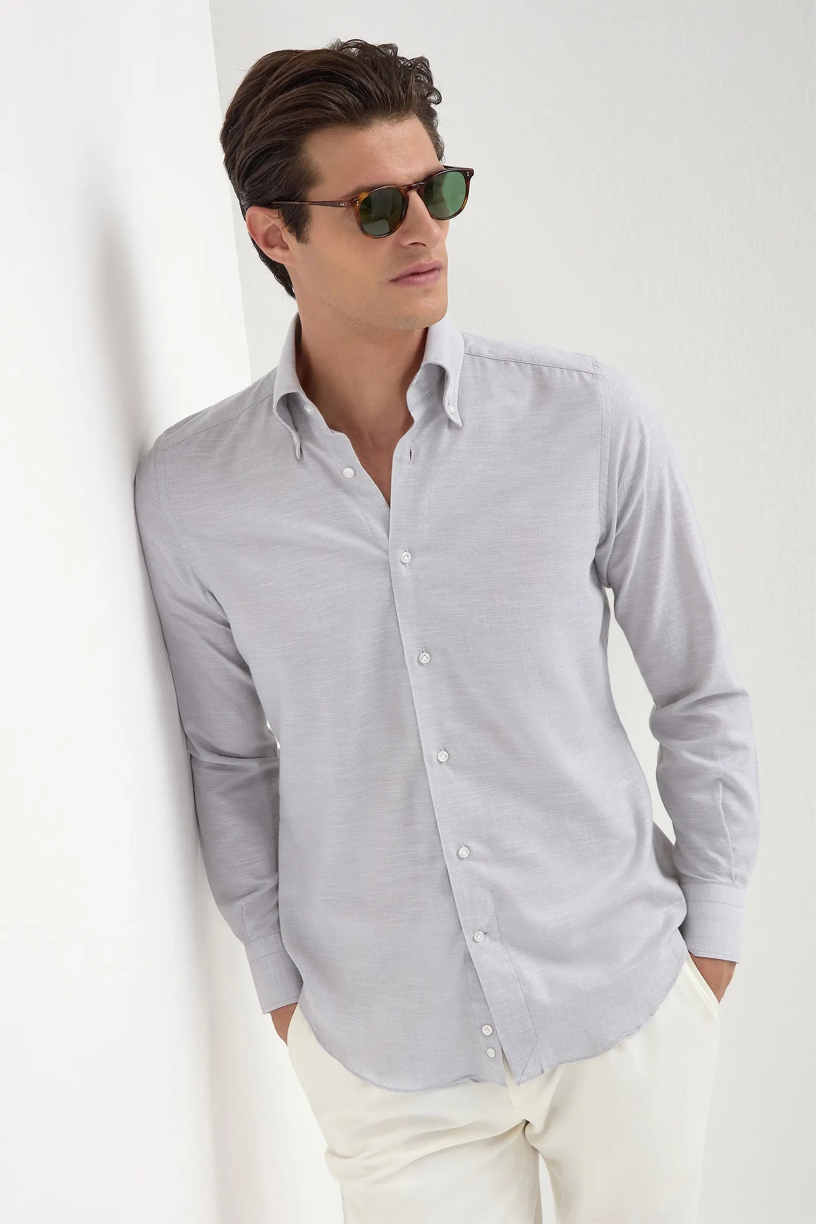 Men's Dressy Button-Down Shirts for Formal OccasionsStone chambray button down shirt - Made in Italy Men's Dressy Button-Down Shirts for Formal OccasionsStone chambray button down shirt - Made in Italy