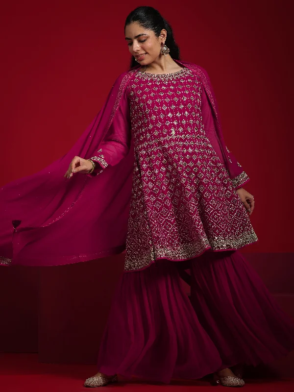 Libas Art Pink Embroidered Georgette A-Line Sharara Suit Set With Dupatta
