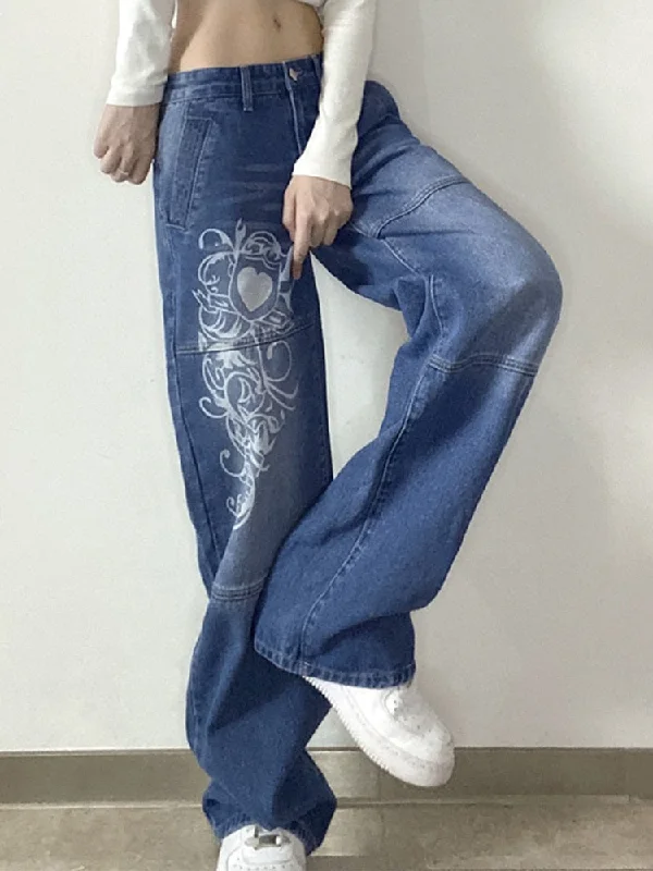 Zip-Fly Men's JeansKittenAlarm - New Printed Baggy Y2K Jeans Women's Low Waist jeans Autumn Winter Oversize Wide Leg Baggy Pants Casual Cargo Trousers