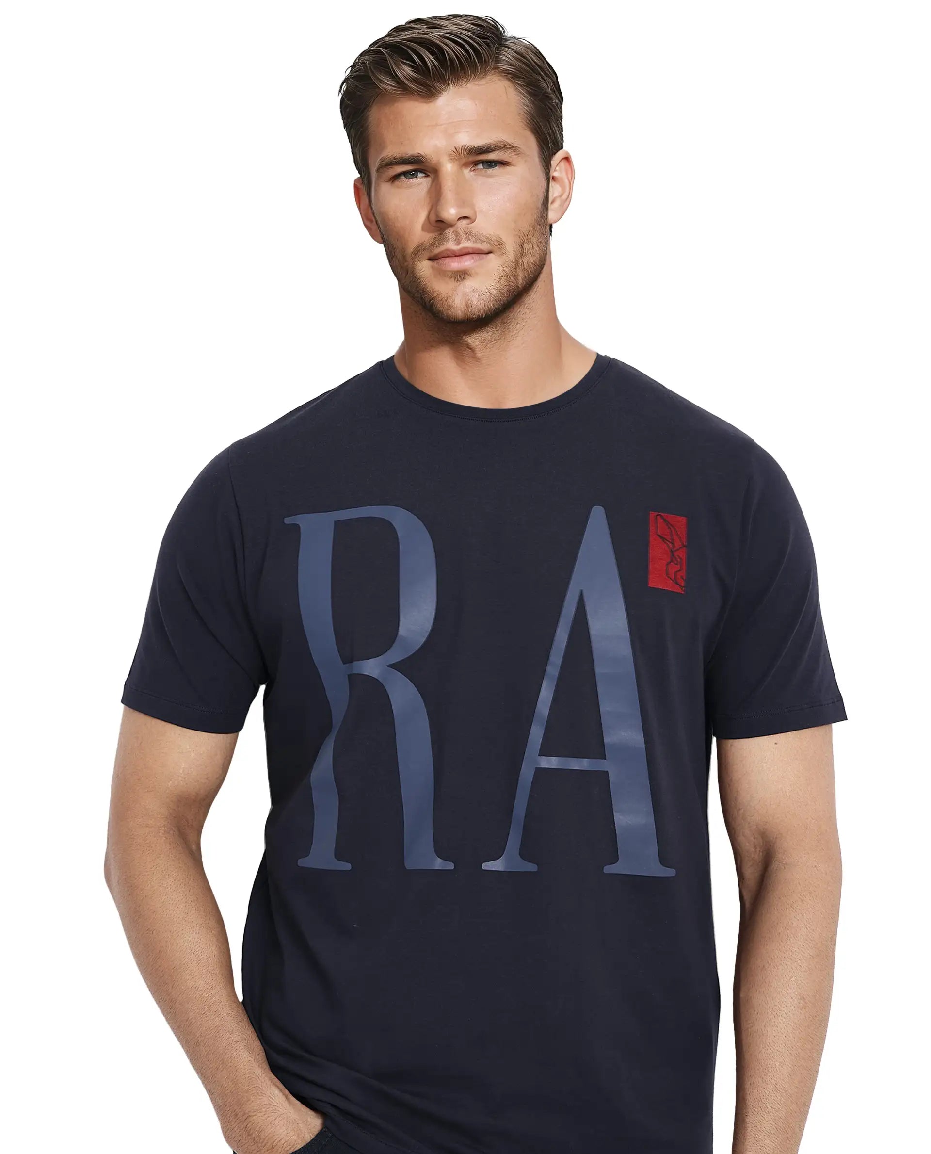 Men's Shirts with Mock NecksRare Rabbit Men Olivo Navy Cotton Lycra Fabric Short Sleeve Crew Neck Regular Fit Graphic Print With Flock Printed Logo T-Shirt Men's Shirts with Mock NecksRare Rabbit Men Olivo Navy Cotton Lycra Fabric Short Sleeve Crew Neck Regular Fit Graphic Print With Flock Printed Logo T-Shirt