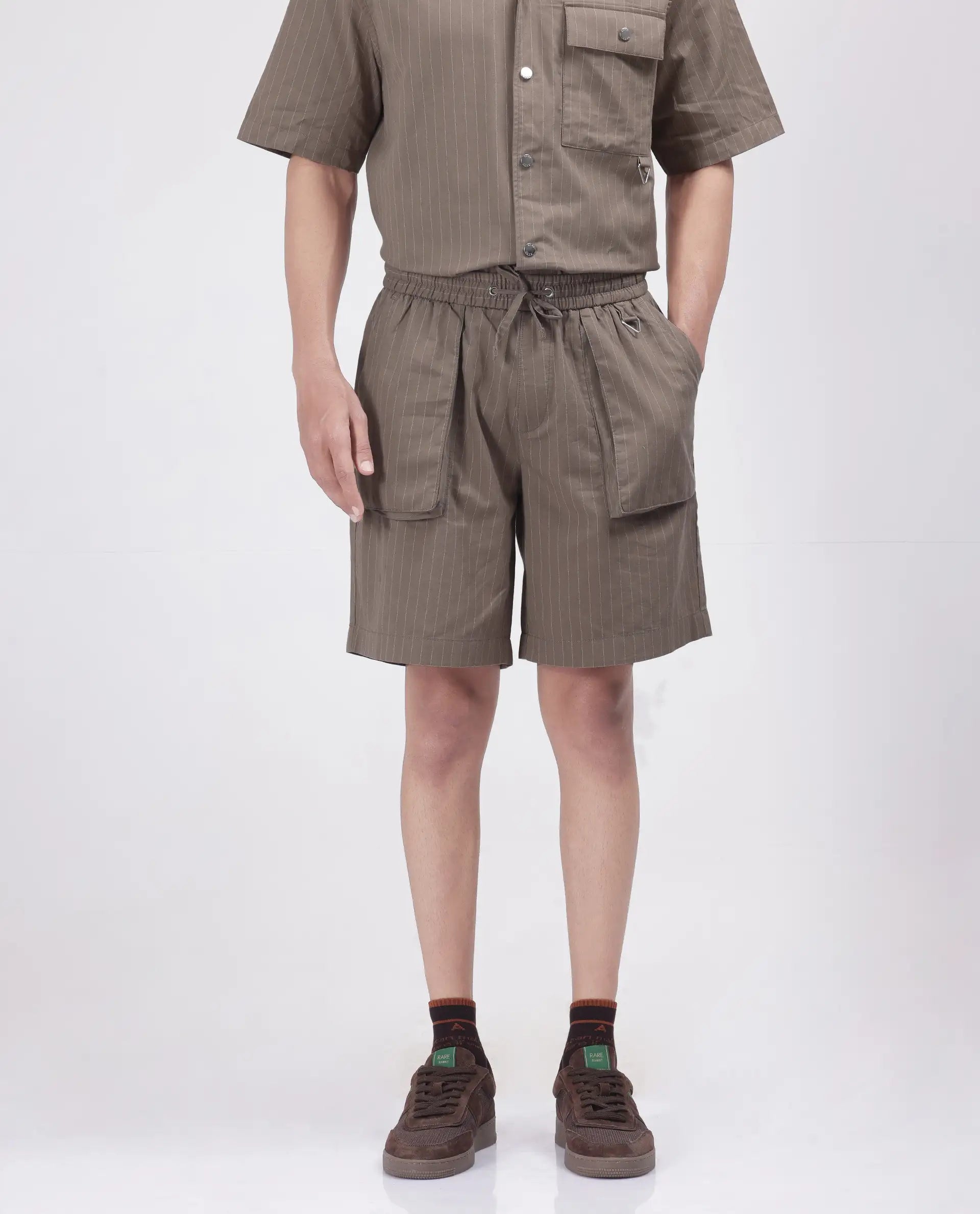 Men's Pants with Button-Down PocketsRare Rabbit Men Habar Beige Cotton Elastane Fabric Oversized Striped Shorts