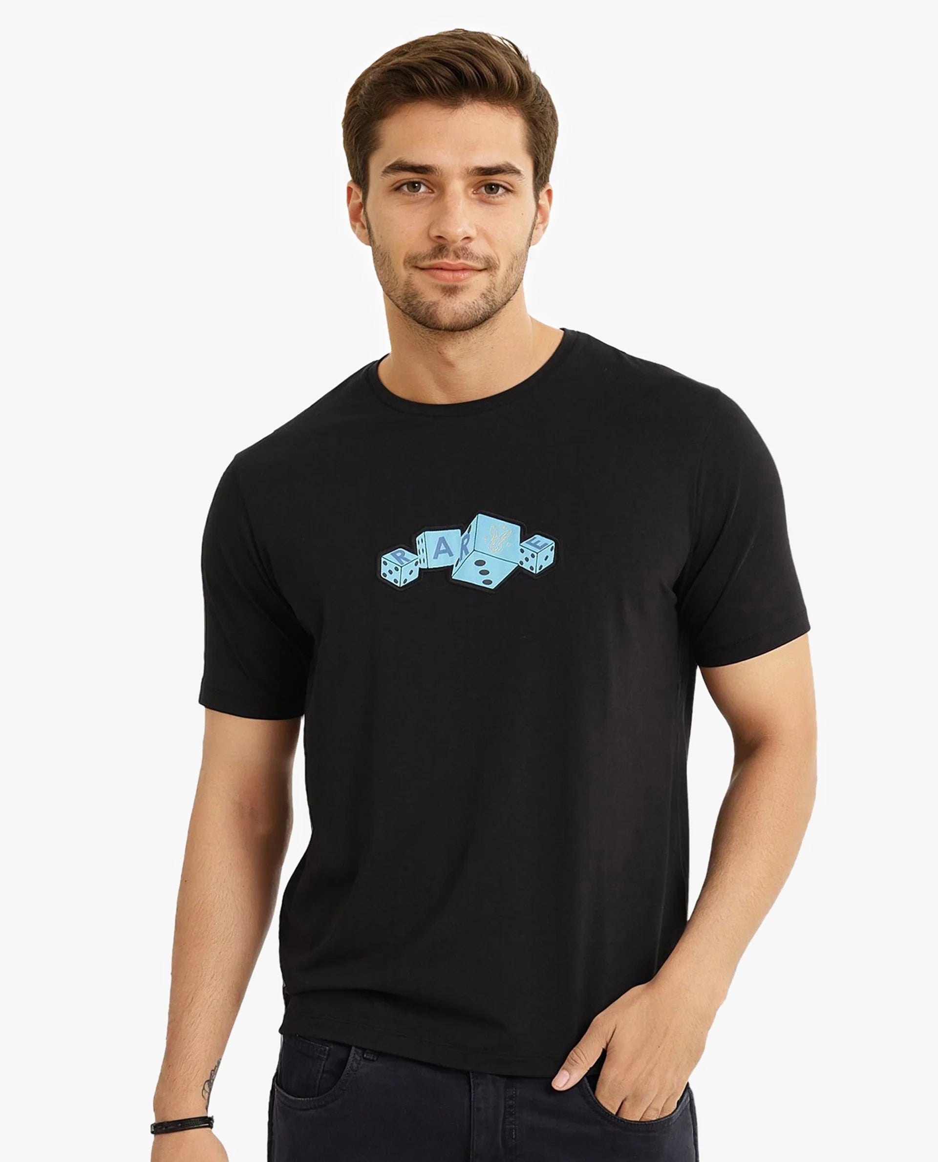 Men's Shirts with Wrinkle-Resistant FabricRare Rabbit Men Cason Black Cotton Lycra Fabric Short Sleeve Crew Neck Regular Fit Graphic Print T-Shirt Men's Shirts with Wrinkle-Resistant FabricRare Rabbit Men Cason Black Cotton Lycra Fabric Short Sleeve Crew Neck Regular Fit Graphic Print T-Shirt