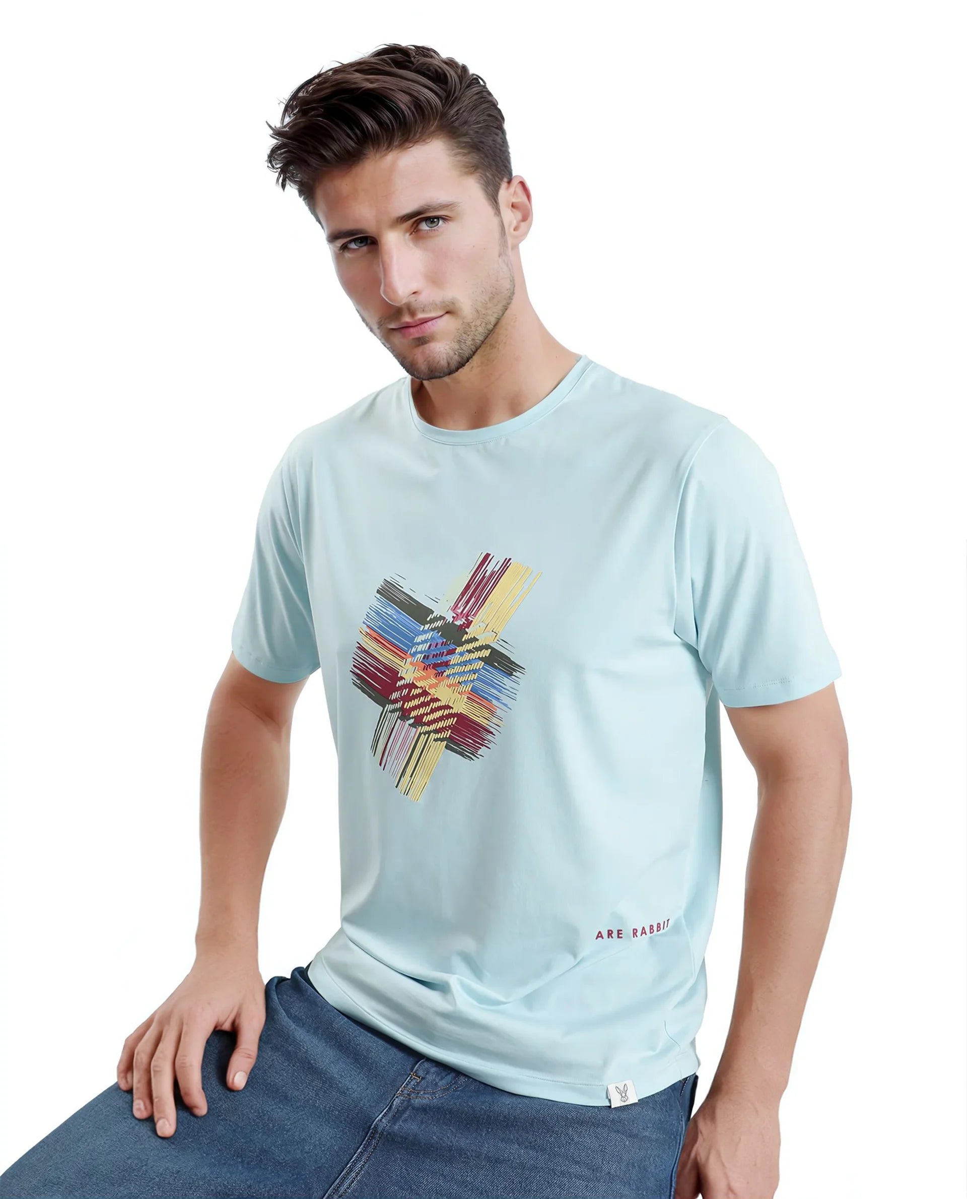 Men's Three-Quarter Sleeved TopsRare Rabbit Men Brax Light Blue Cotton Blend Fabric Short Sleeve Crew Neck Graphic Print T-Shirt Men's Three-Quarter Sleeved TopsRare Rabbit Men Brax Light Blue Cotton Blend Fabric Short Sleeve Crew Neck Graphic Print T-Shirt