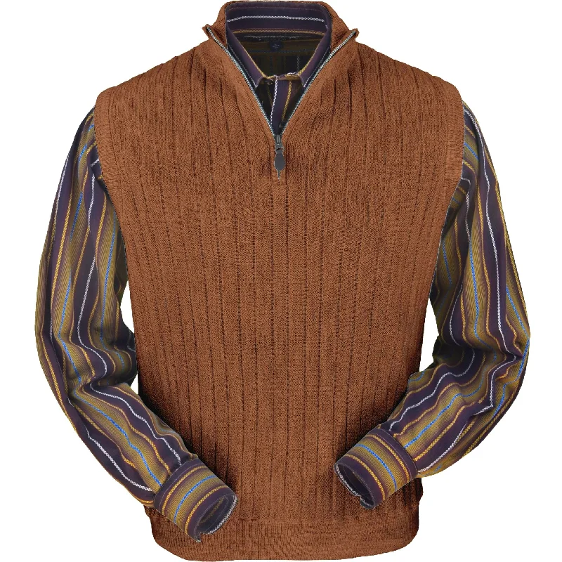 Men's Sweaters with Built-In ScarvesBaby Alpaca 'Links Stitch' Ribbed Zip-Neck Sweater Vest in Brick Heather by Peru Unlimited Men's Sweaters with Built-In ScarvesBaby Alpaca 'Links Stitch' Ribbed Zip-Neck Sweater Vest in Brick Heather by Peru Unlimited