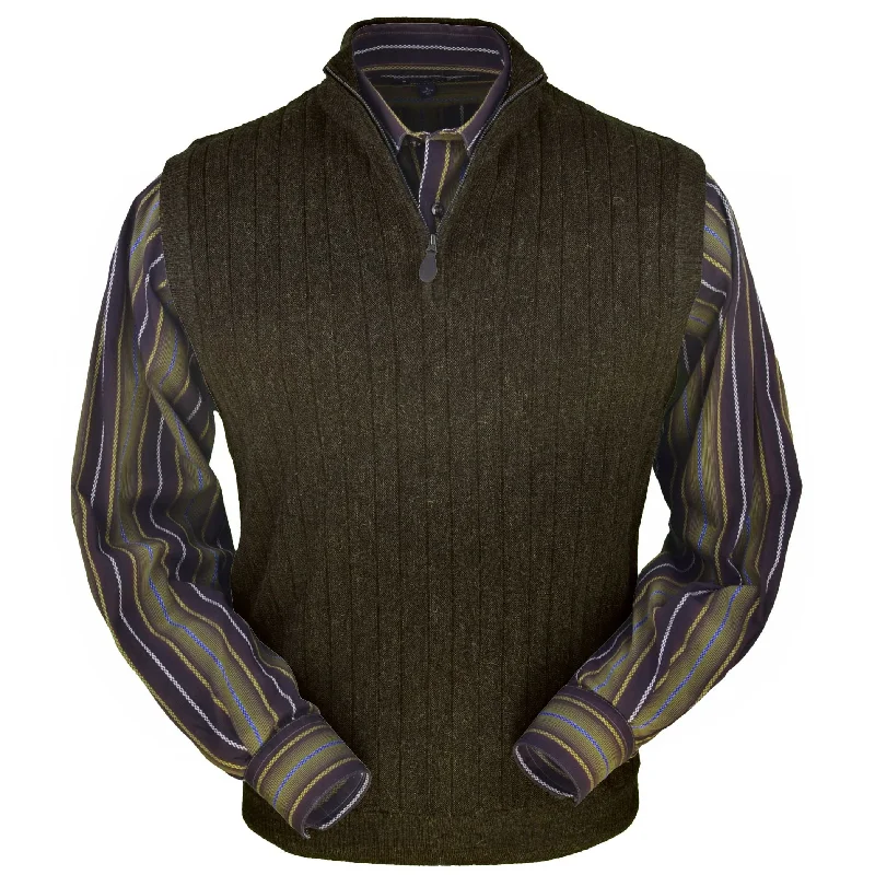 Men's Sweaters with Elastic CuffsBaby Alpaca 'Links Stitch' Ribbed Zip-Neck Sweater Vest in Pine Heather by Peru Unlimited Men's Sweaters with Elastic CuffsBaby Alpaca 'Links Stitch' Ribbed Zip-Neck Sweater Vest in Pine Heather by Peru Unlimited
