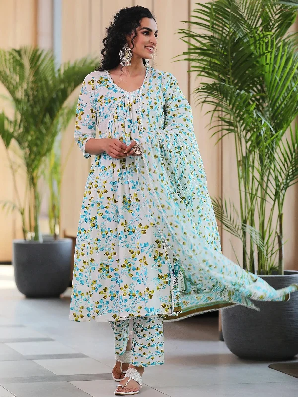 Off White Printed Cotton A-Line Kurta With Palazzos & Dupatta
