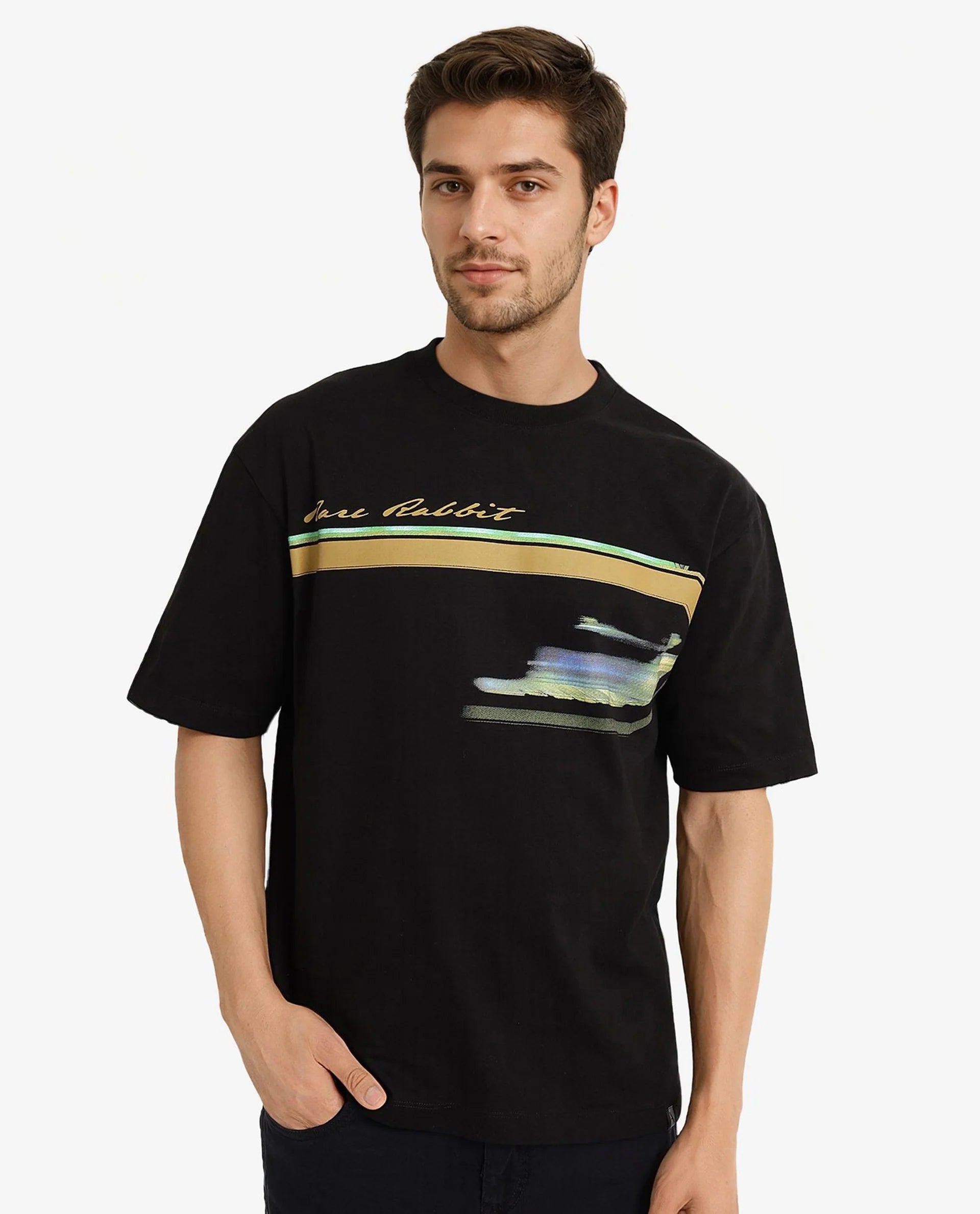 Men's Shirts with UV ProtectionRare Rabbit Men Cius Black Cotton Fabric Short Sleeve Crew Neck Oversized Fit Graphic Print T-Shirt Men's Shirts with UV ProtectionRare Rabbit Men Cius Black Cotton Fabric Short Sleeve Crew Neck Oversized Fit Graphic Print T-Shirt