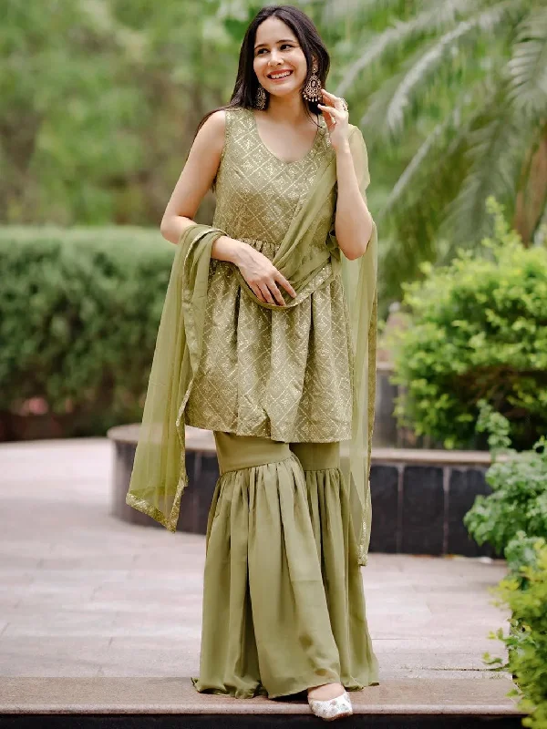 Olive Embroidered Georgette A-Line Sharara Suit Set With Dupatta