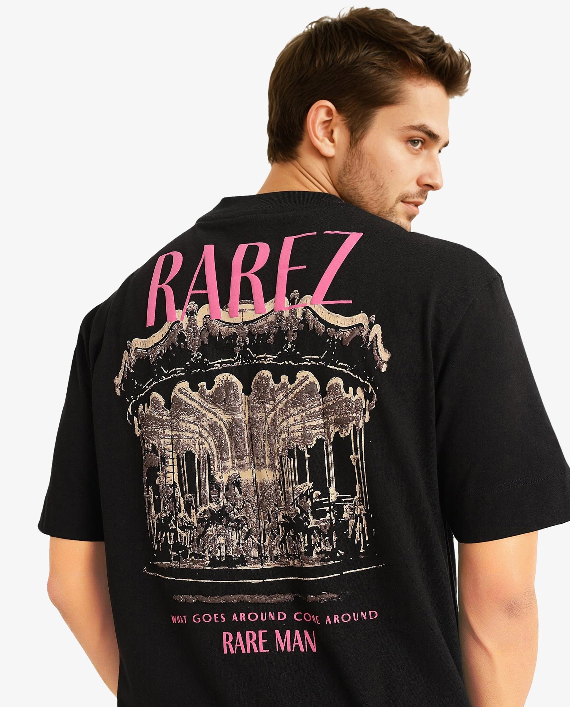 Men's Shirts with Patch PocketsRare Rabbit Men Carl Black Cotton Fabric Short Sleeve Crew Neck Oversized Fit Graphic Back Print T-Shirt Men's Shirts with Patch PocketsRare Rabbit Men Carl Black Cotton Fabric Short Sleeve Crew Neck Oversized Fit Graphic Back Print T-Shirt