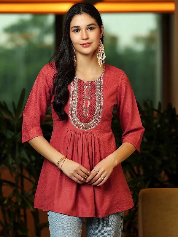Rust Yoke Design Cotton Blend A-Line Kurti