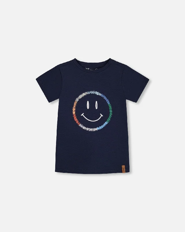 Men's Shirts with Short PlacketsOrganic Cotton Graphic Tee Smiling Navy Blue