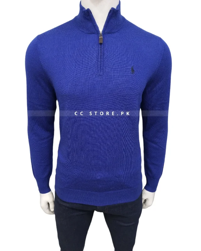 Striped Men's SweatersRL Merino Wool Royal Blue Half Zipper
