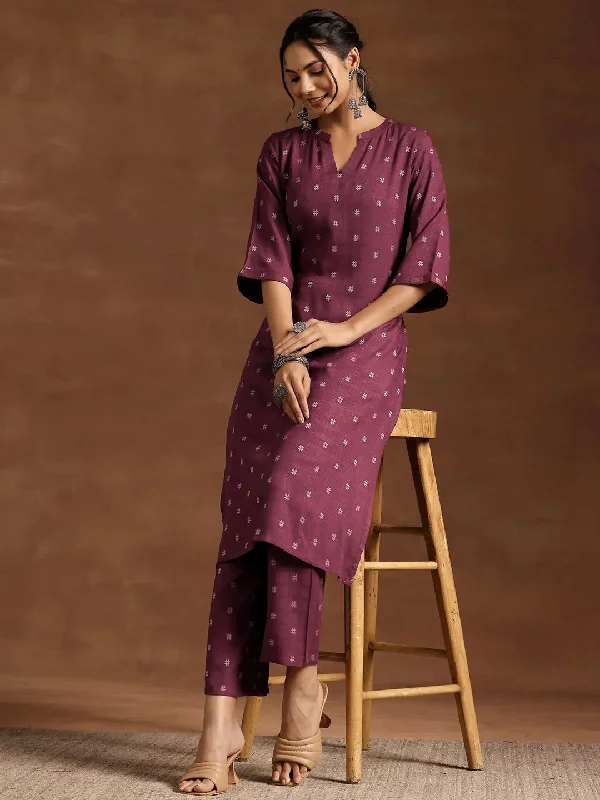 Wine Woven Design Cotton Blend Straight Kurta Set