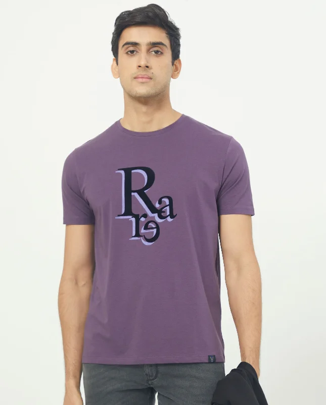 Men's Flowy Shirts for a Relaxed LookRare Rabbit Men's Cero Dark Purple Crew Neck Flock Print Branding Half Sleeves Regular Fit T-Shirt Men's Flowy Shirts for a Relaxed LookRare Rabbit Men's Cero Dark Purple Crew Neck Flock Print Branding Half Sleeves Regular Fit T-Shirt