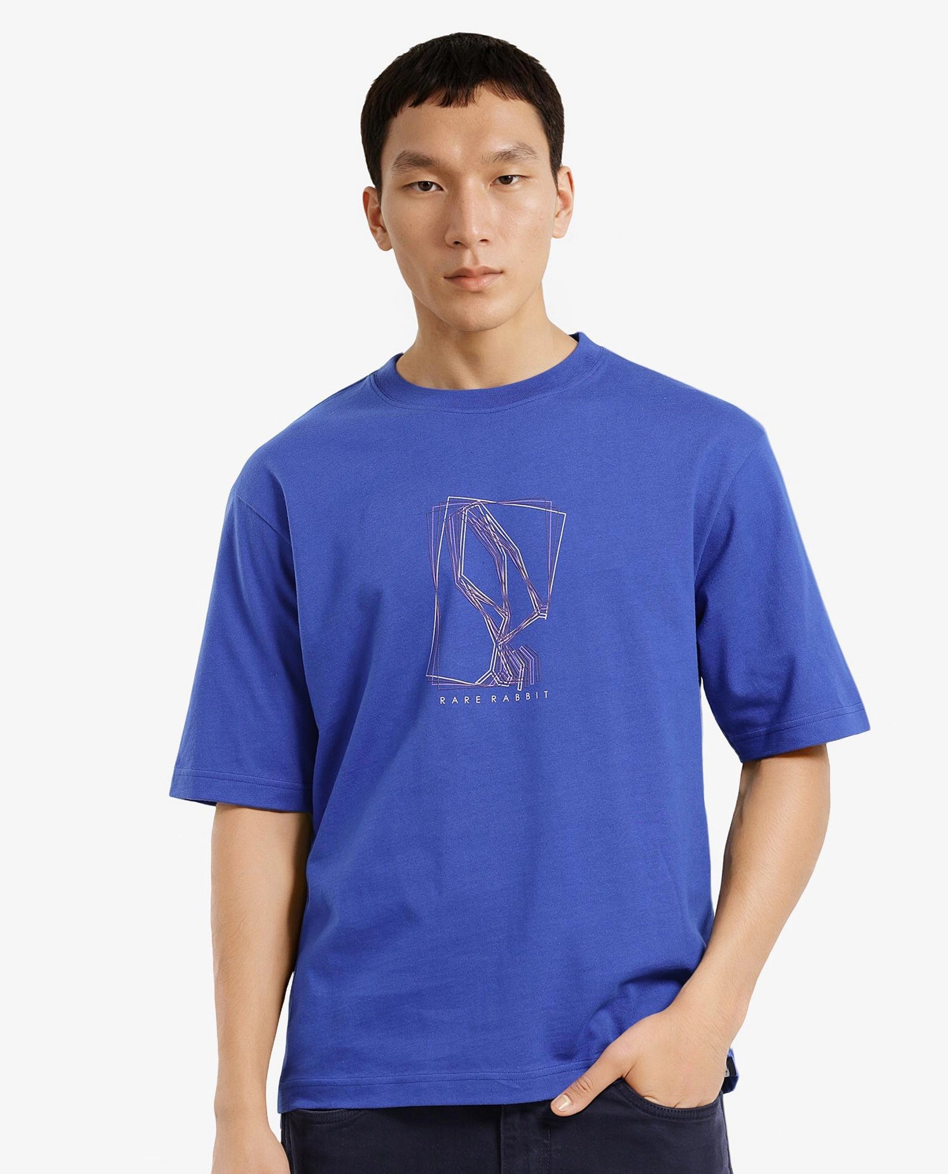 Men's Shirts with Checkered PatternsRare Rabbit Men Que Blue Short Sleeve Crew Neck Boxy Fit Graphic Print T-Shirt Men's Shirts with Checkered PatternsRare Rabbit Men Que Blue Short Sleeve Crew Neck Boxy Fit Graphic Print T-Shirt