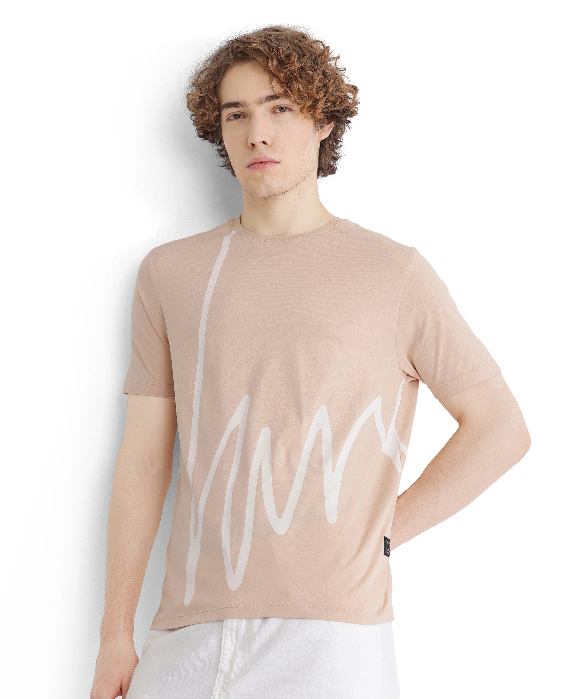 Men's Shirts with Rounded HemlinesRare Rabbit Men Chael Peach Short Sleeve Crew Neck Graphic Print T-Shirt Men's Shirts with Rounded HemlinesRare Rabbit Men Chael Peach Short Sleeve Crew Neck Graphic Print T-Shirt