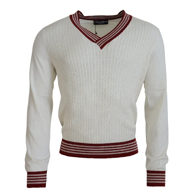 Men's Sweaters in Earthy TonesDolce & Gabbana Off White Silk Cotton V-Neck Men's Sweater Men's Sweaters in Earthy TonesDolce & Gabbana Off White Silk Cotton V-Neck Men's Sweater