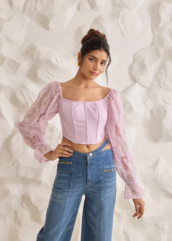 Light Wash Men's JeansSasha Lavender Embroidered Organza Sleeve Corset Top