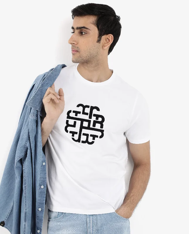 Men's Shirts with Elastic WaistbandsRare Rabbit Men Toxy White Cotton Lycra Fabric Short Sleeve Crew Neck Regular Fit Graphic Flock Print T-Shirt Men's Shirts with Elastic WaistbandsRare Rabbit Men Toxy White Cotton Lycra Fabric Short Sleeve Crew Neck Regular Fit Graphic Flock Print T-Shirt