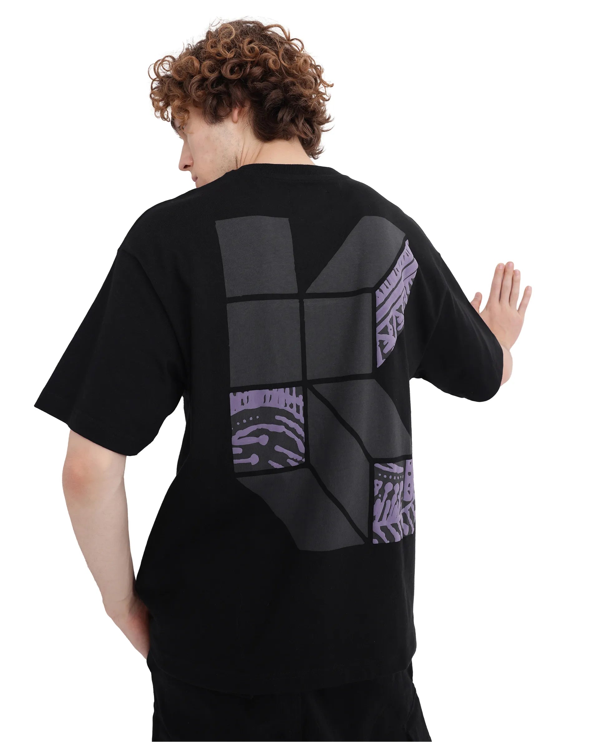 Men's Sleeveless TopsRare Rabbit Men Karwo Black Cotton Fabric Short Sleeve Crew Neck Oversized Fit Graphic Print T-Shirt