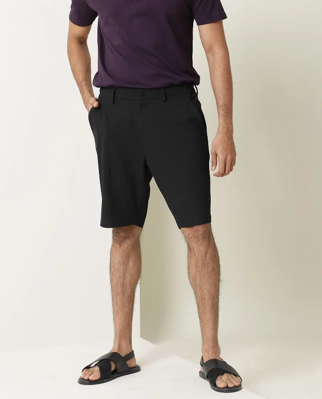 Men's Pants with Contrast Fabric PanelsRare Rabbit Mens Trip Black Mid Rise Regular Fit Solid Shorts