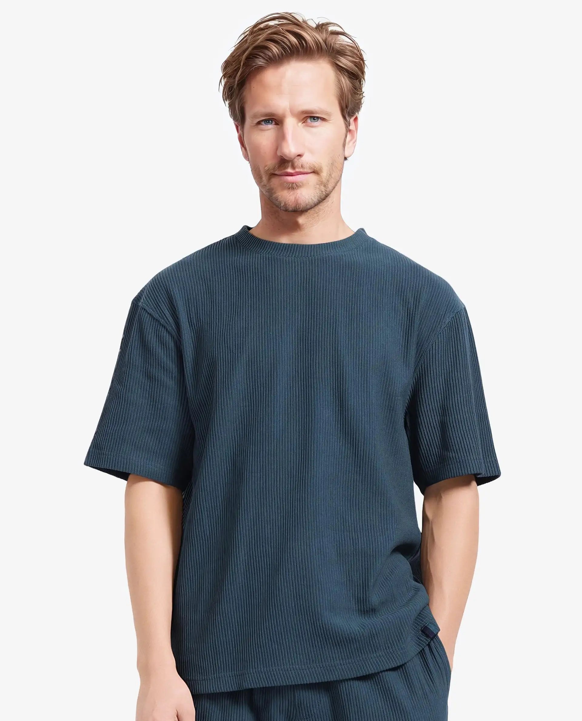 Men's Shirts with Button-Down CollarsRare Rabbit Men's Breet-1 Dark Green Cotton Blend Fabric Short Sleeve Crew Neck Oversized Fit Textured T-Shirt