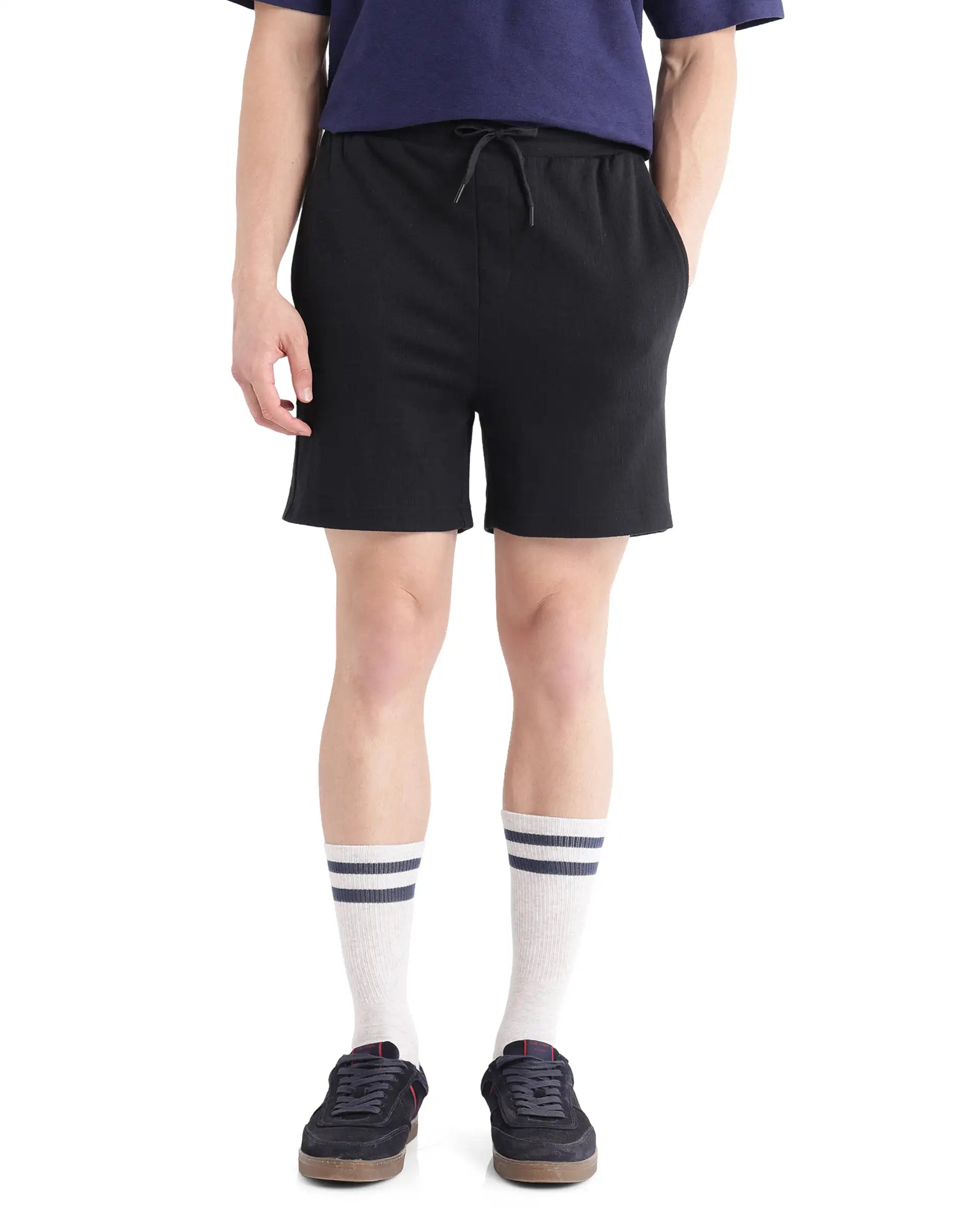 Men's Pants with Belt LoopsRare Rabbit Men Kelor Black Cotton Elastane Fabric Drawstring Closure Back Label Plain Shorts Men's Pants with Belt LoopsRare Rabbit Men Kelor Black Cotton Elastane Fabric Drawstring Closure Back Label Plain Shorts
