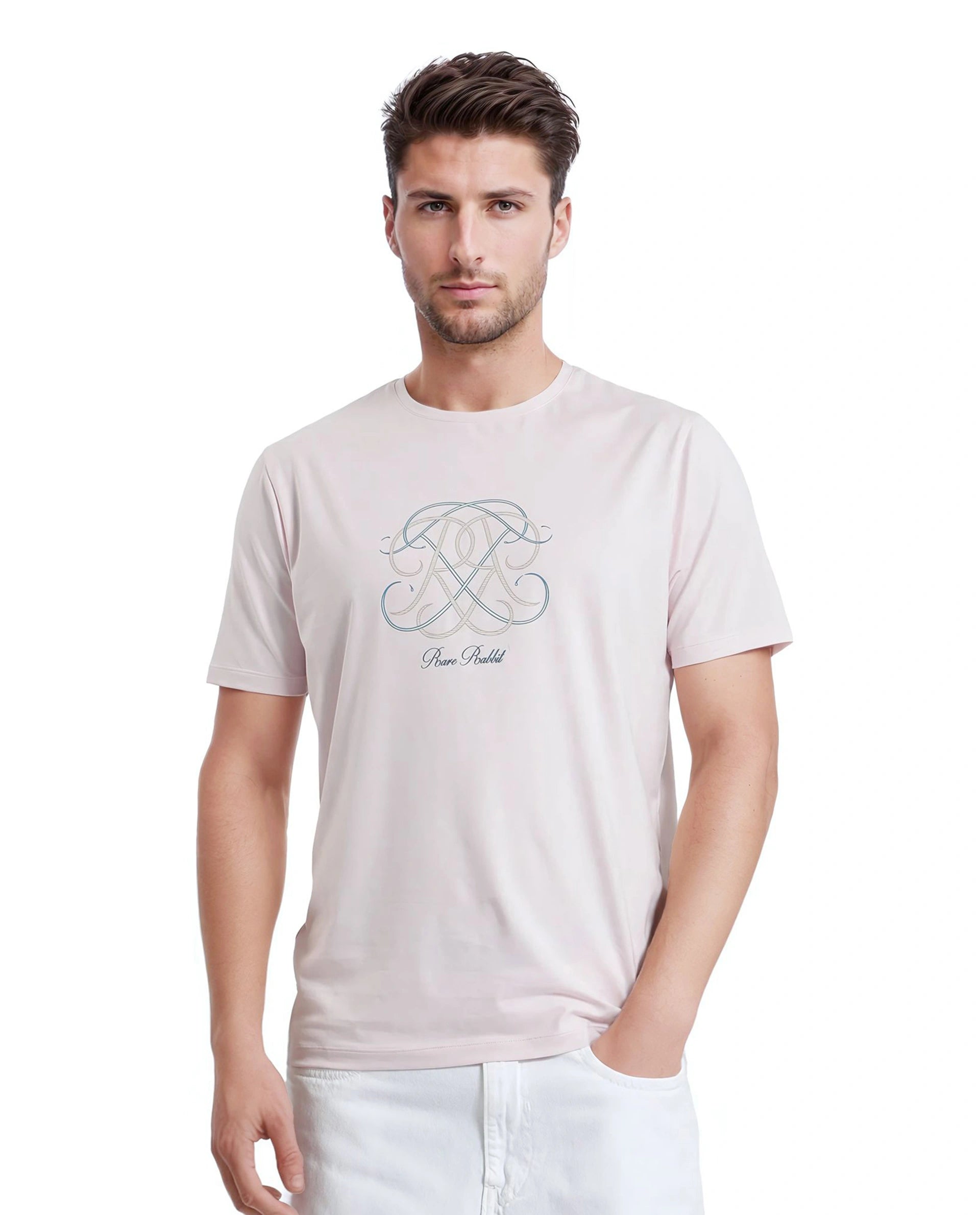 Casual Men's T-ShirtsRare Rabbit Men Wrax Light Pink Cotton Blend Fabric Short Sleeve Crew Neck HD Print Branding T-Shirt Casual Men's T-ShirtsRare Rabbit Men Wrax Light Pink Cotton Blend Fabric Short Sleeve Crew Neck HD Print Branding T-Shirt