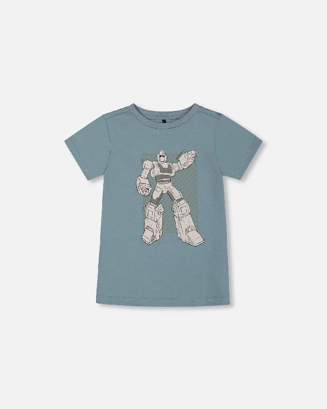 Men's Shirts with Appliquéd SleevesOrganic Cotton Graphic Tee Grayish Teal And Robot Men's Shirts with Appliquéd SleevesOrganic Cotton Graphic Tee Grayish Teal And Robot