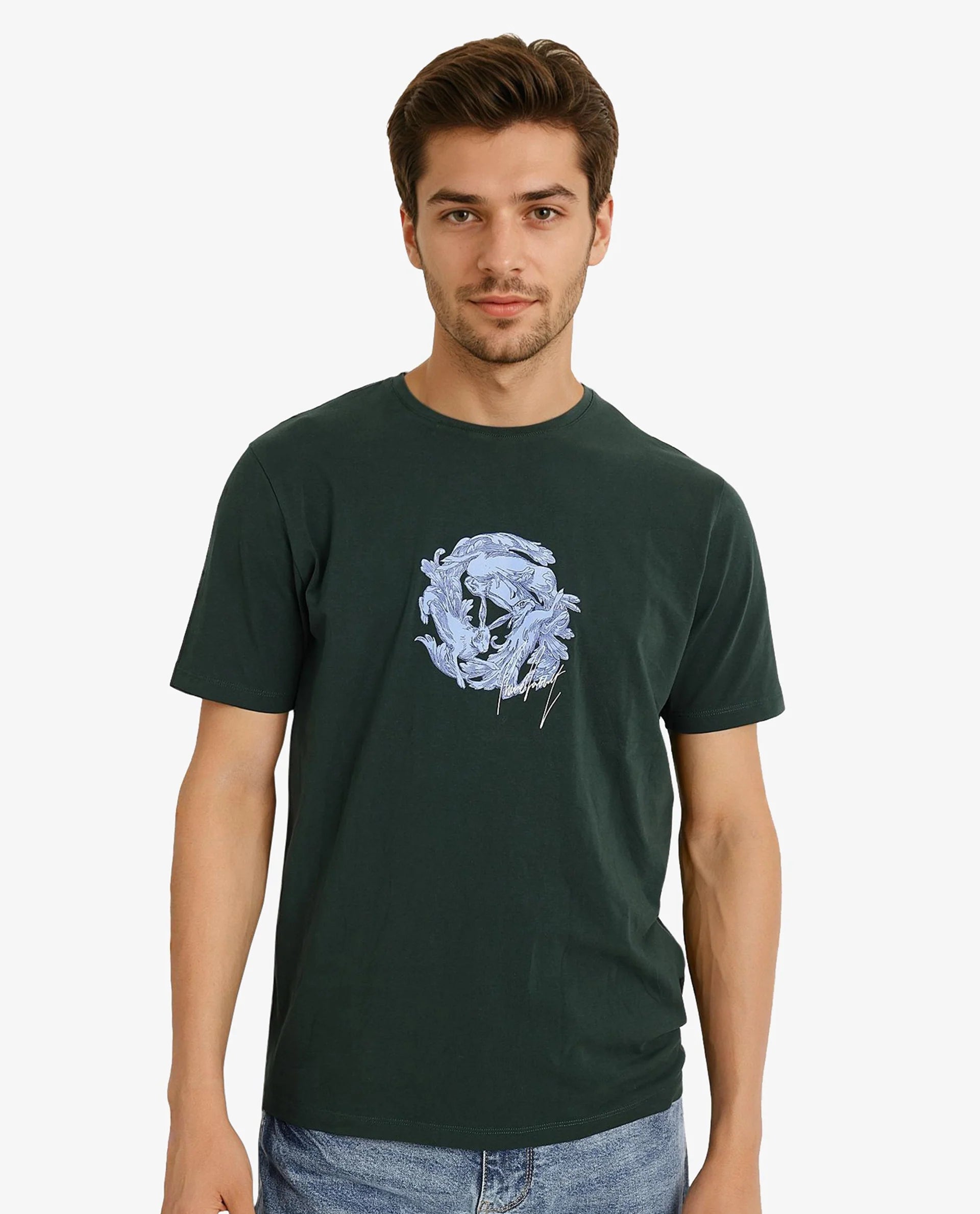 Men's Shirts with Checkered PatternsRare Rabbit Men Kowl Dark Green Cotton Lycra Fabric Short Sleeve Crew Neck Regular Fit Graphic Print T-Shirt Men's Shirts with Checkered PatternsRare Rabbit Men Kowl Dark Green Cotton Lycra Fabric Short Sleeve Crew Neck Regular Fit Graphic Print T-Shirt