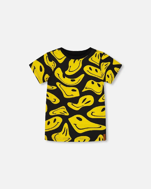 Men's Shirts for FishingPrinted Organic Cotton Tee Black And Yellow Smile