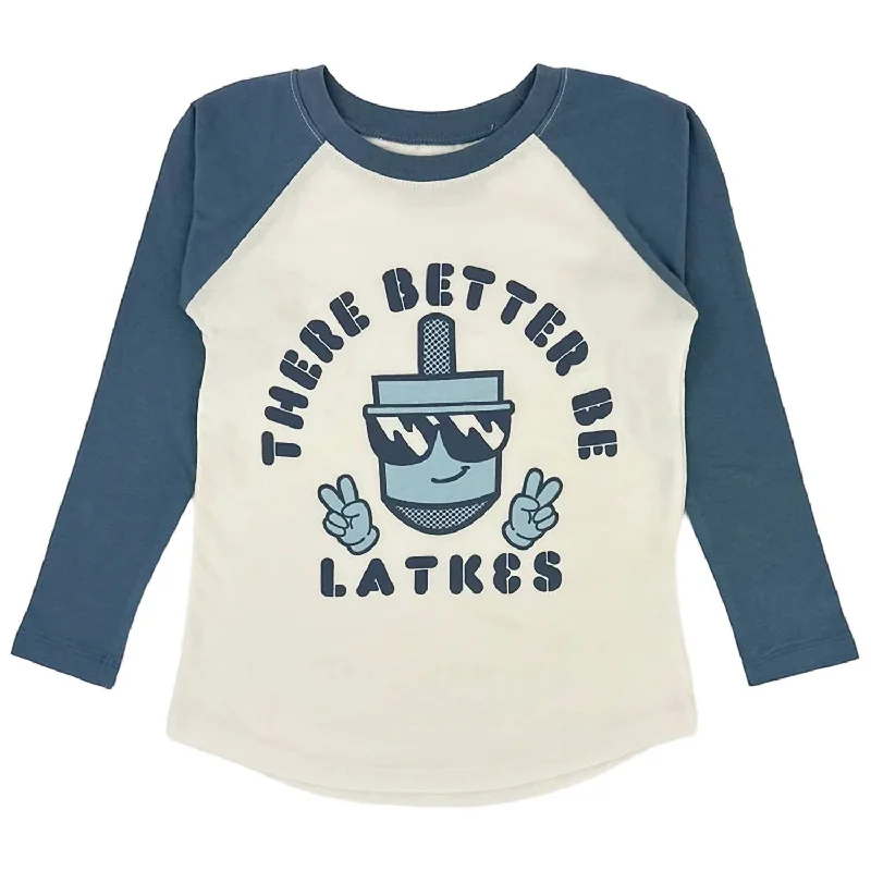 Men's Shirts with Hidden ButtonsThere Better Be Latkes Baseball Tee In White/blue