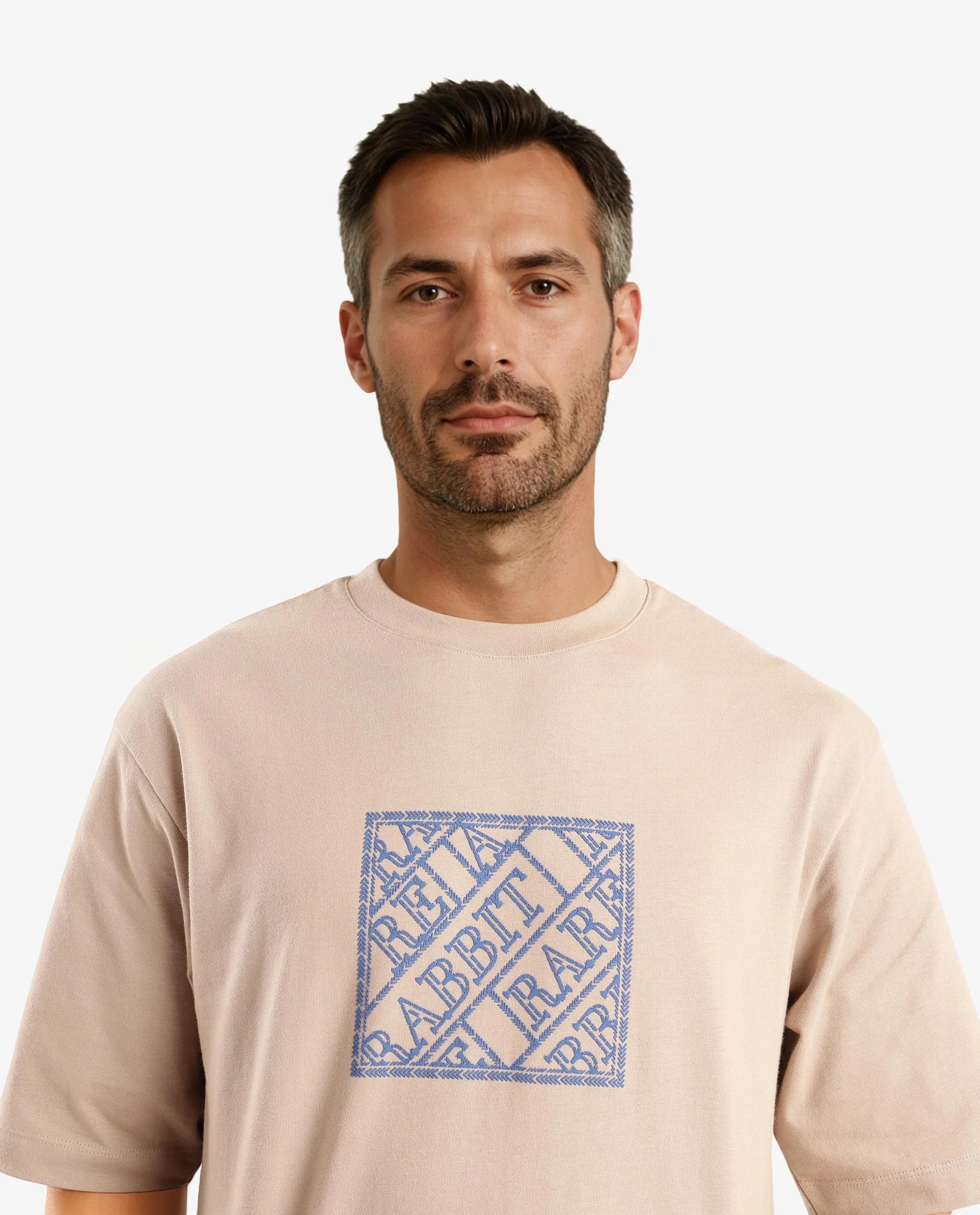 Comfortable Men's Polo ShirtsRare Rabbit Men Pree Beige Short Sleeve Crew Neck Oversized Fit Embroidered T-Shirt