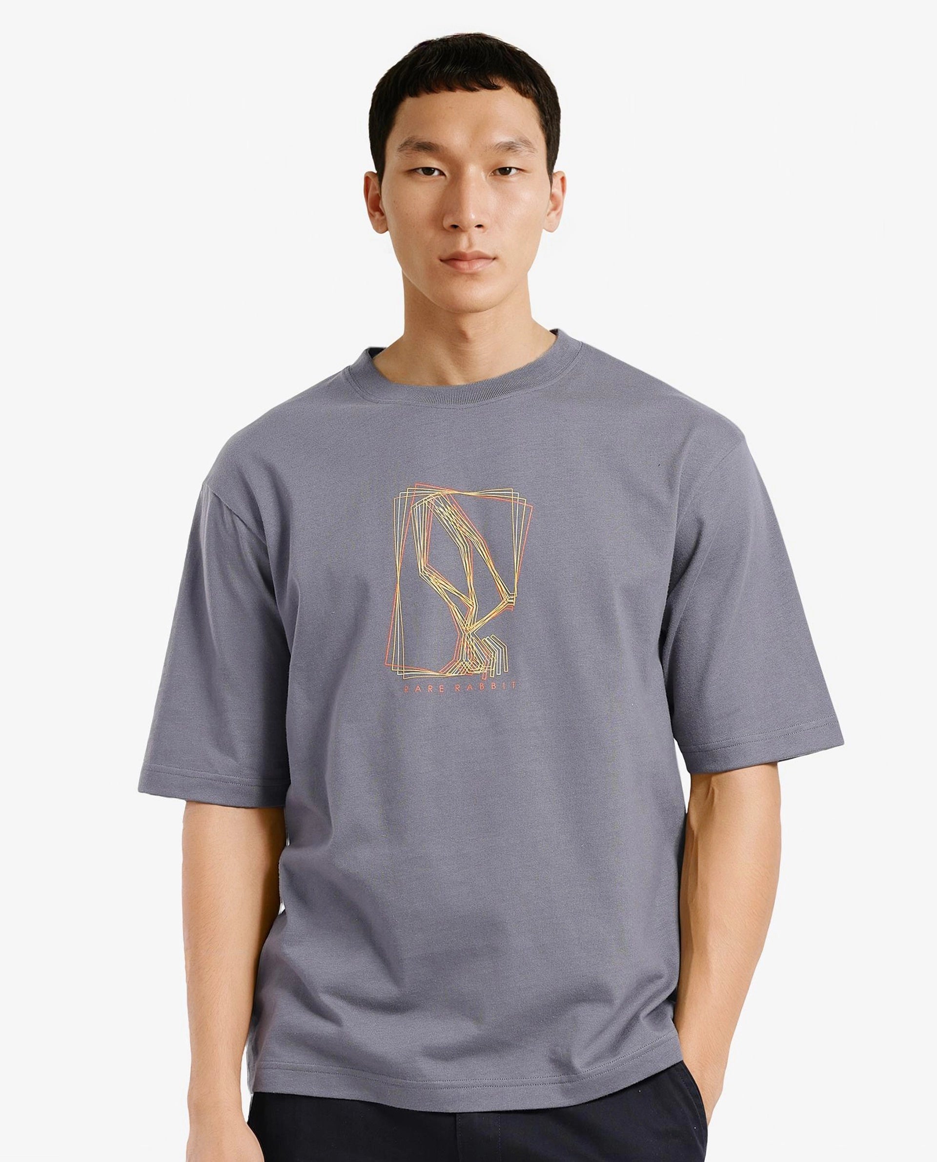 Men's Shirts with Embellished SleevesRare Rabbit Men Que Grey Short Sleeve Crew Neck Boxy Fit Graphic Print T-Shirt Men's Shirts with Embellished SleevesRare Rabbit Men Que Grey Short Sleeve Crew Neck Boxy Fit Graphic Print T-Shirt