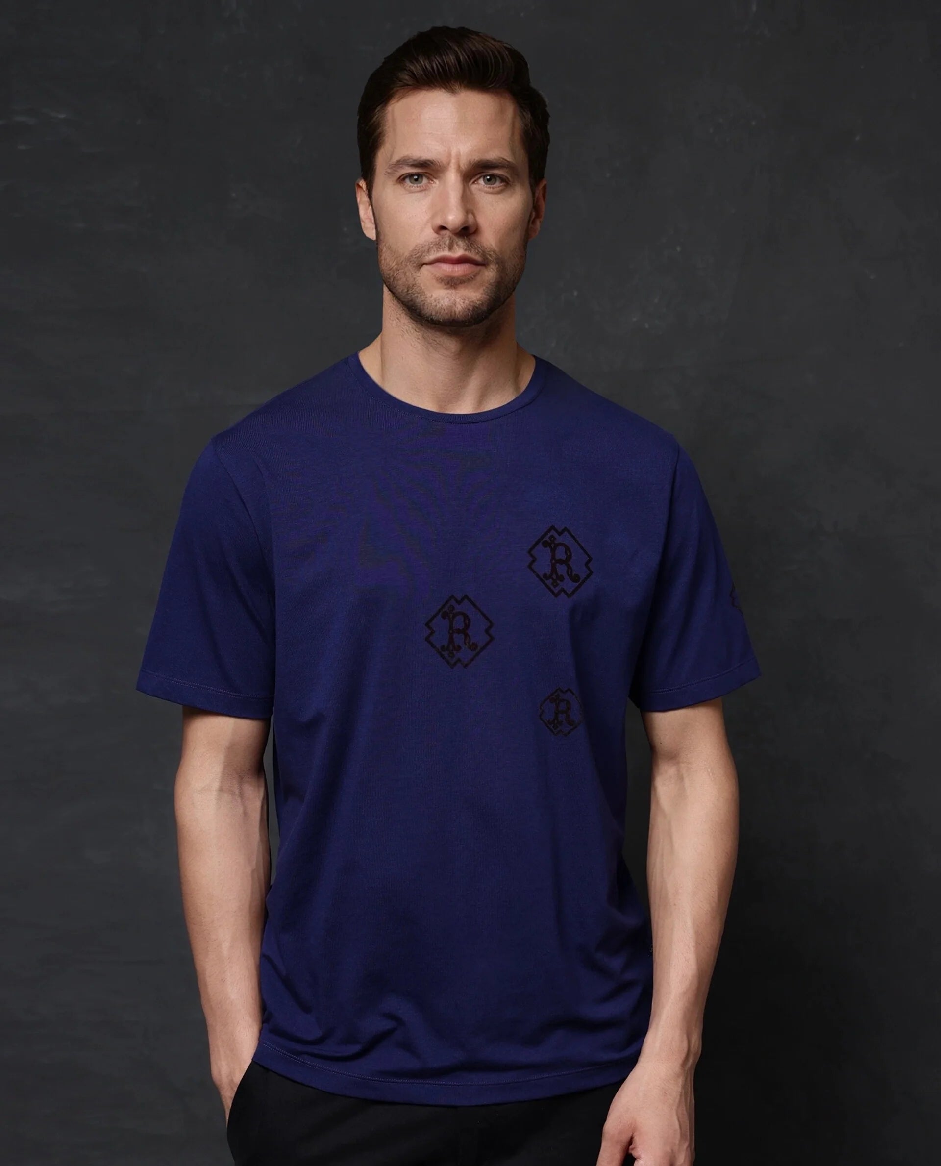 Men's Shirts with Short PlacketsRare Rabbit Men Odon Navy Cotton Lycra Fabric Short Sleeve Crew Neck Regular Fit Graphic Flock Print T-Shirt Men's Shirts with Short PlacketsRare Rabbit Men Odon Navy Cotton Lycra Fabric Short Sleeve Crew Neck Regular Fit Graphic Flock Print T-Shirt