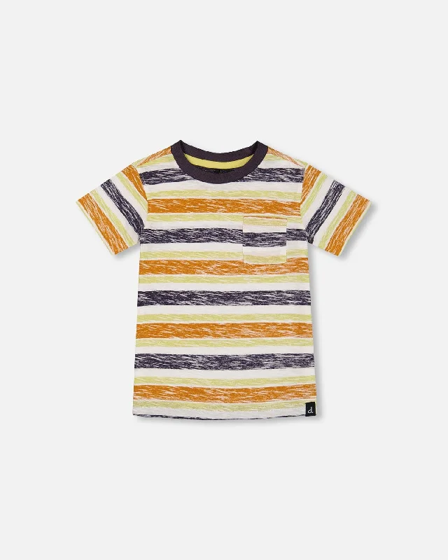 Men's Shirts with Raw-Edge HemlinesPrinted Organic Cotton Tee Navy Striped, Orange, And Lime Green Men's Shirts with Raw-Edge HemlinesPrinted Organic Cotton Tee Navy Striped, Orange, And Lime Green