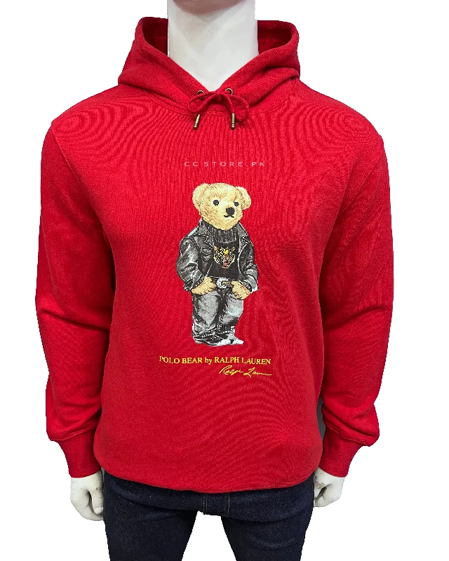 Men's Sweaters with High-Neck DesignsRL Tiger Bear Red Fleece Hoodie