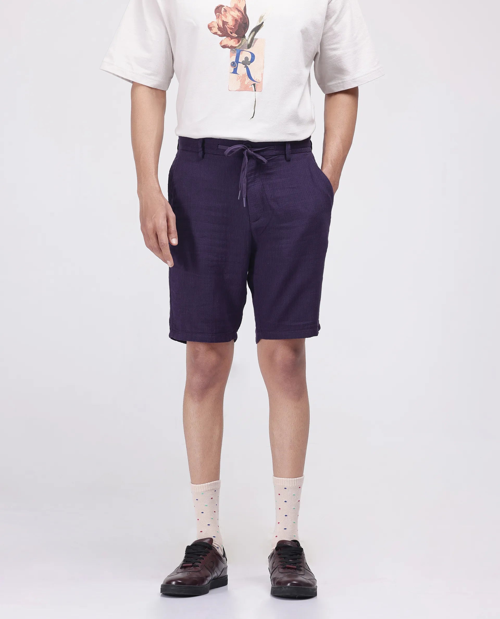 Men's Patterned Pants with Geometric DesignsRare Rabbit Men Pinto-25 Purple Cotton Elastane Fabric Plain Shorts Men's Patterned Pants with Geometric DesignsRare Rabbit Men Pinto-25 Purple Cotton Elastane Fabric Plain Shorts