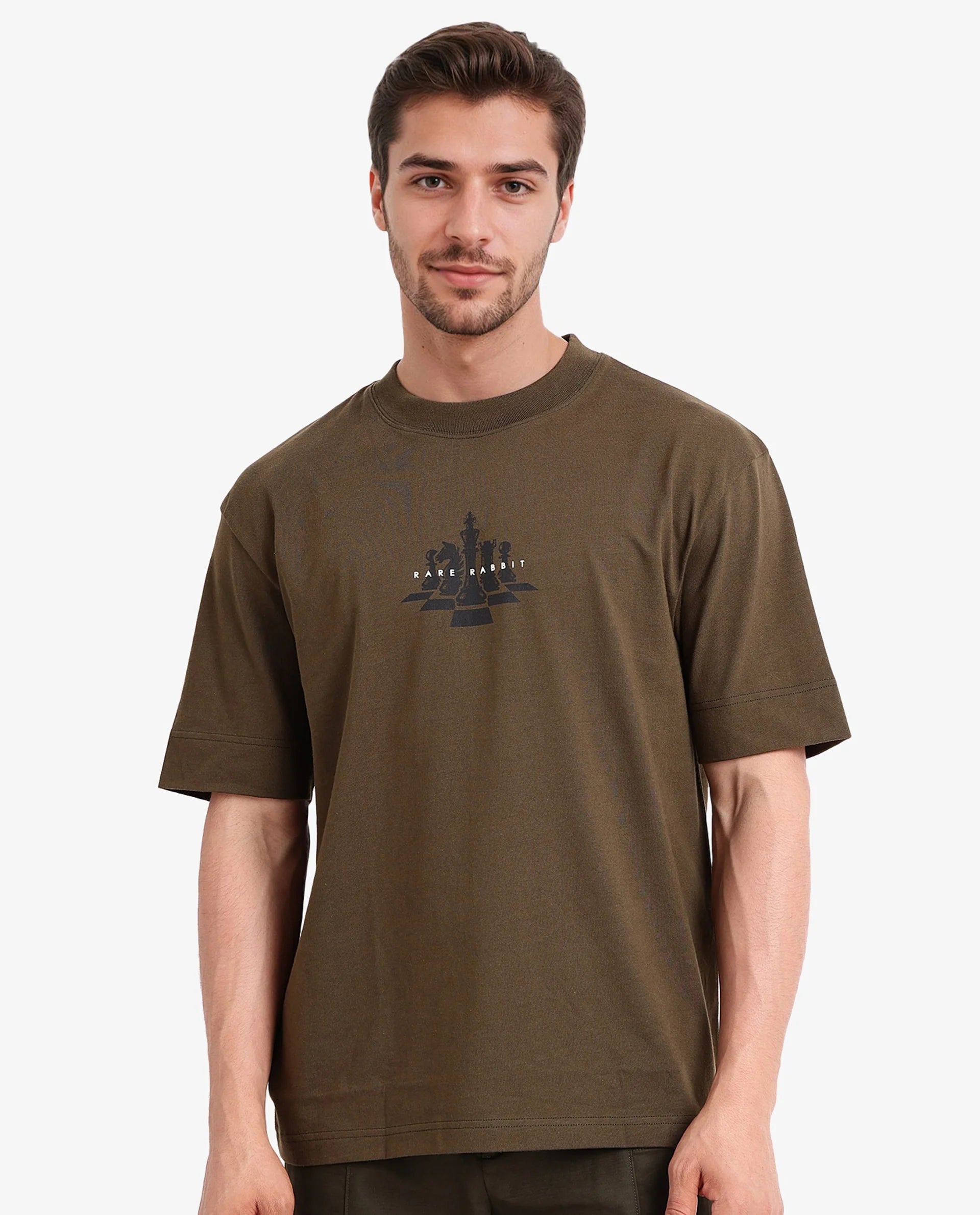 Men's Shirts with Embellished HemlinesRare Rabbit Men Chess Olive Cotton Fabric Short Sleeve Crew Neck Oversized Fit Graphic Print T-Shirt