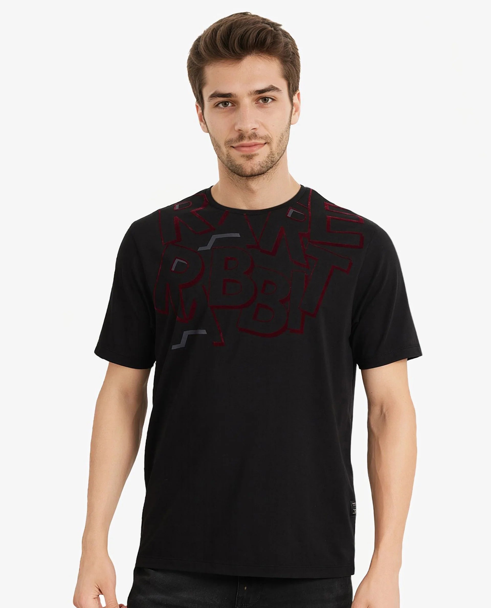 Men's Shirts with Short PlacketsRare Rabbit Men Runi Black Cotton Lycra Fabric Short Sleeve Crew Neck Regular Fit Graphic Flock Print T-Shirt Men's Shirts with Short PlacketsRare Rabbit Men Runi Black Cotton Lycra Fabric Short Sleeve Crew Neck Regular Fit Graphic Flock Print T-Shirt